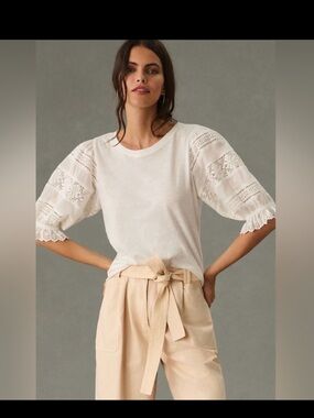 ✨🌷Women's White Lace Puff Sleeve Top by Anthropologie 🌷✨